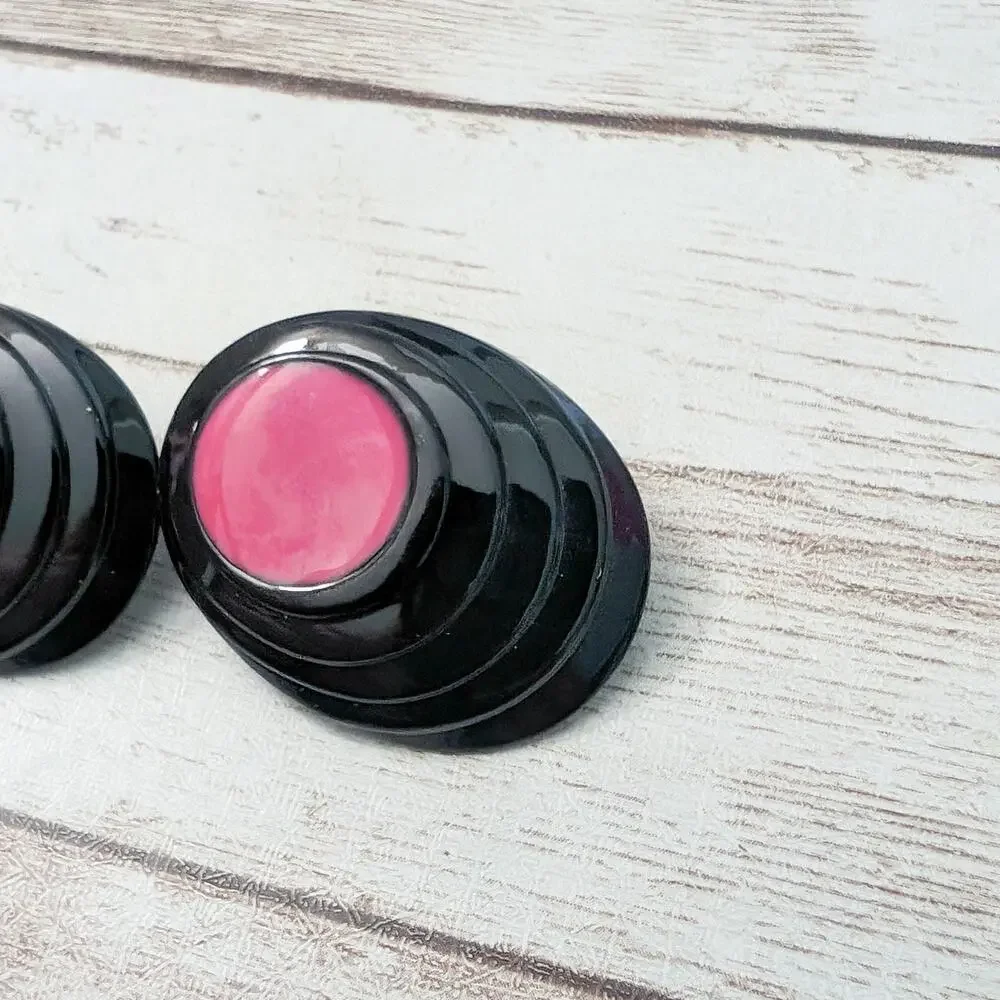 Vintage Clip On Earrings Dark Pink & Black Oval 1.25